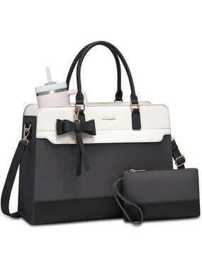 Women's Grey Leather Waterproof Striped Zipper Laptop Briefcase Tote Handbag